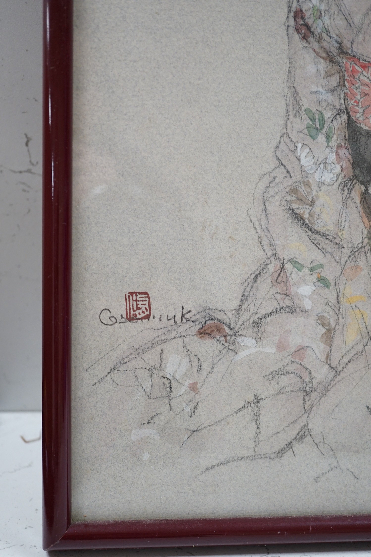 A Japanese watercolour and pencil sketch of a Geisha, signed, and sealed, 42cms high x 31cms wide